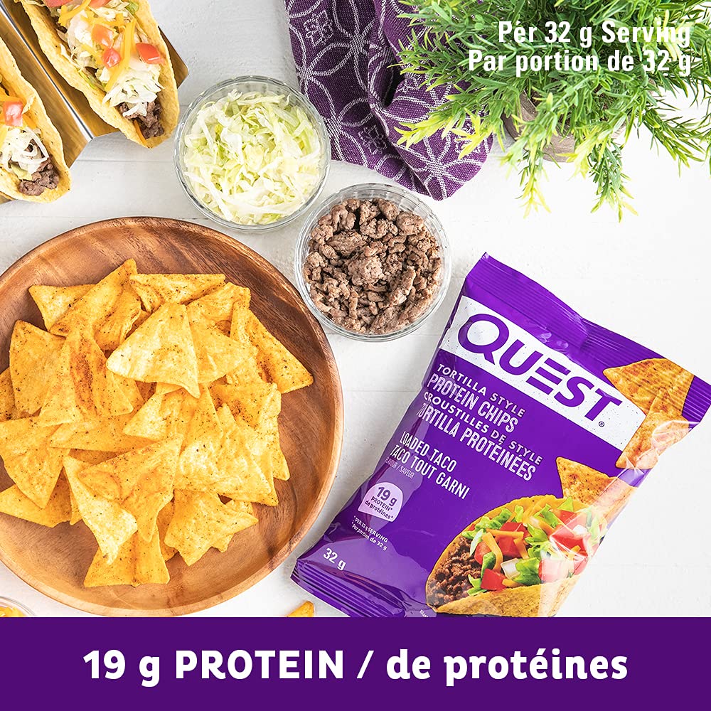 Quest Nutrition Tortilla Style Protein Chips, Loaded Taco, High Protein, Baked, Not Fried, Gluten Free, 1g Sugar, 5g Carbs, 8ct 🍁 All In One Marketplace Canada