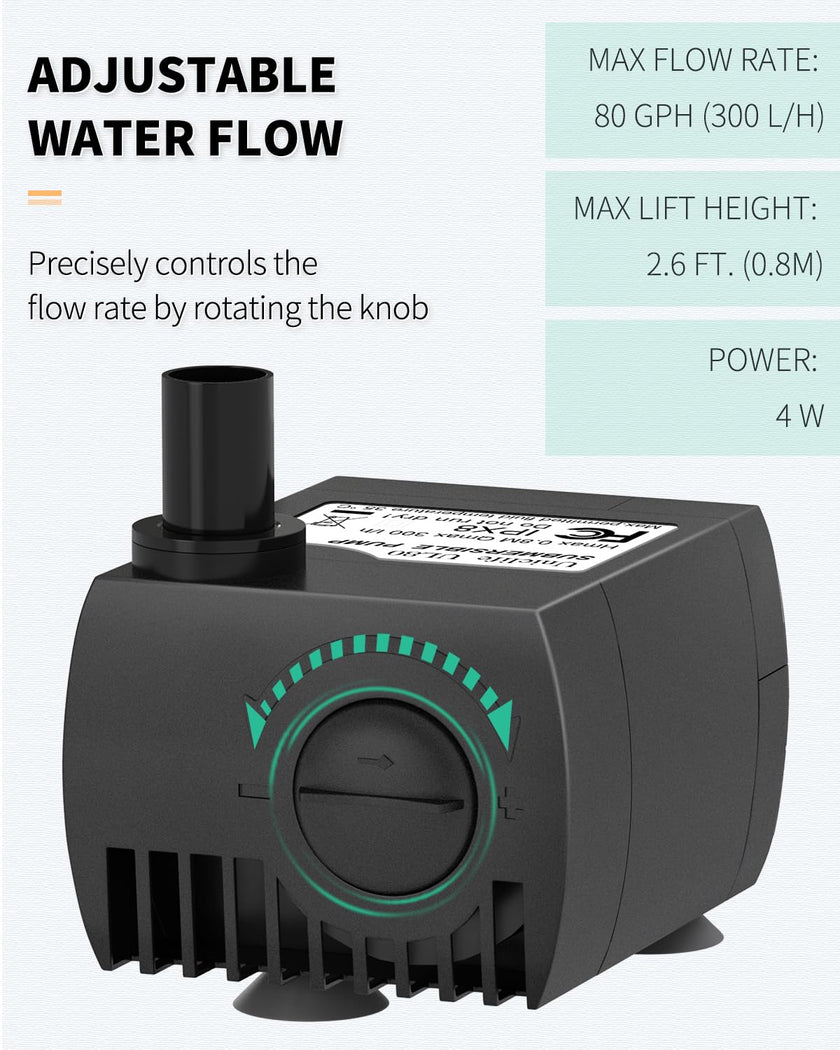 Pawfly Aquarium 80 GPH Submersible Water Pump 4 W Compact Quiet Pump with 2.6 ft. High Lift for Indoor Buckets Fish Tanks and Fountains up to 50 Gallons 🍁 All In One Marketplace Canada