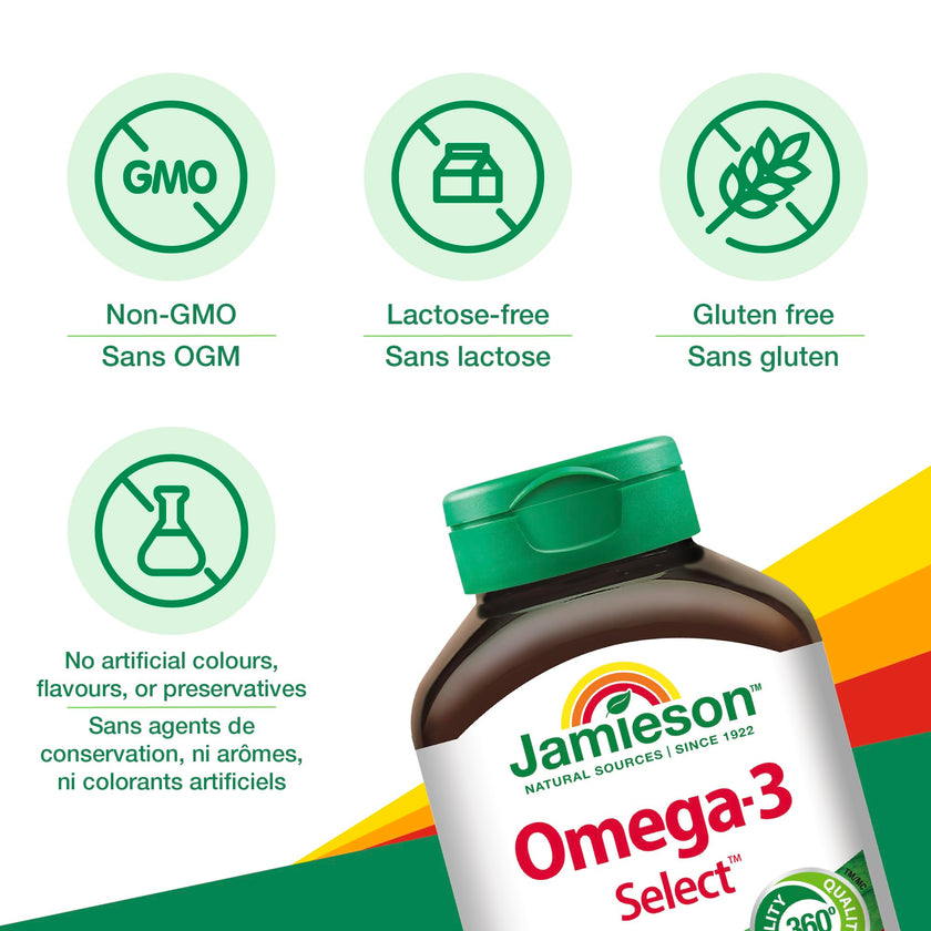 Jamieson Omega-3 Select 1,000 mg, Improves Heart Health, Supports Brain Health, and Reduces Inflammation. With 300 mg EPA and 200 mg DHA, Non-GMO, Gluten-Free, 200 Softgels 🍁 All In One Marketplace Canada