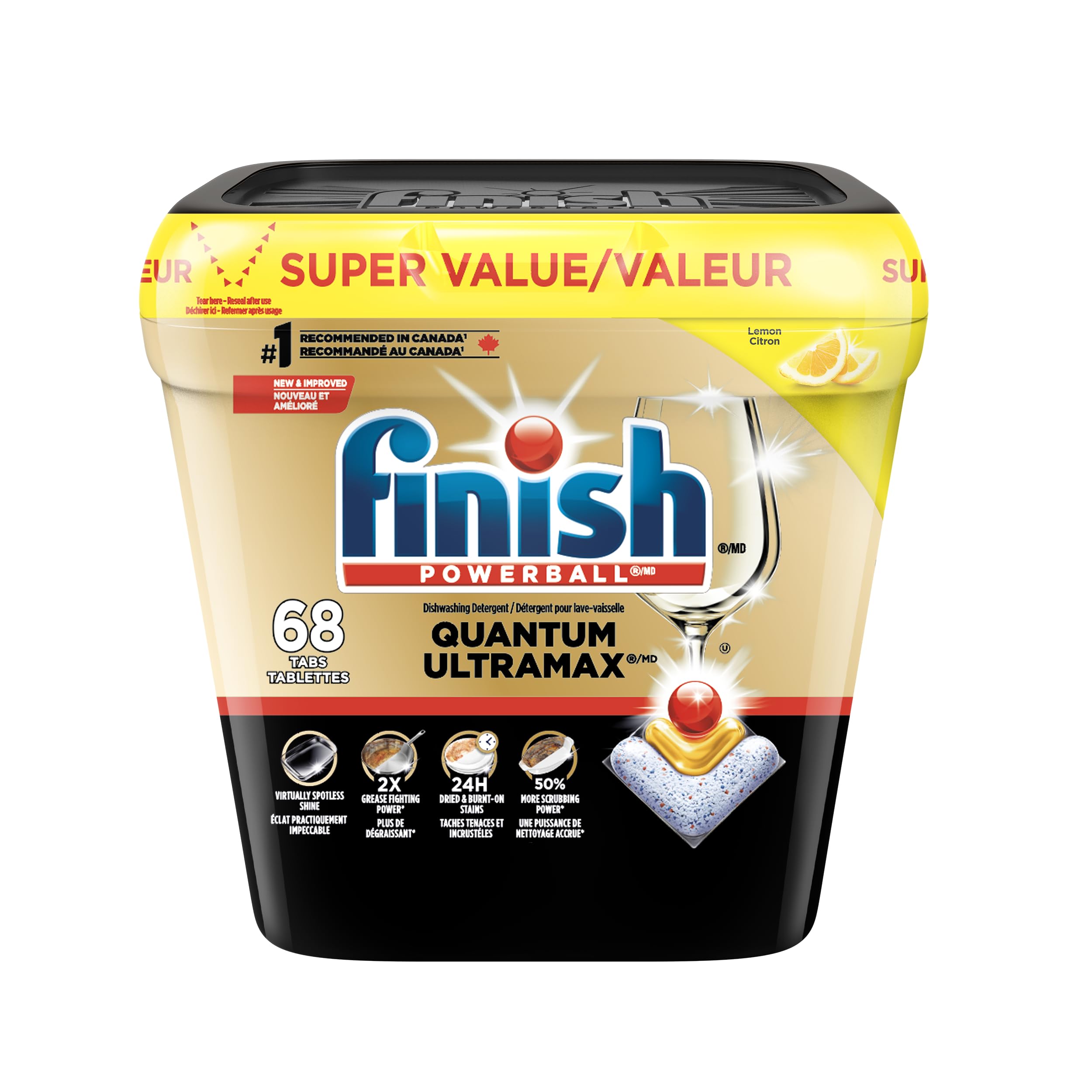 Finish Quantum UltraMAX Dishwasher Detergent Pods, 3-Chamber Formula with PowerBall, 2X Grease Fighting*, Burnt-On & 24H Dried-On Stains, Intense Clean & Diamond Shine, No Pre-Rinse, Lemon, 68 Tabs 🍁 All In One Marketplace Canada