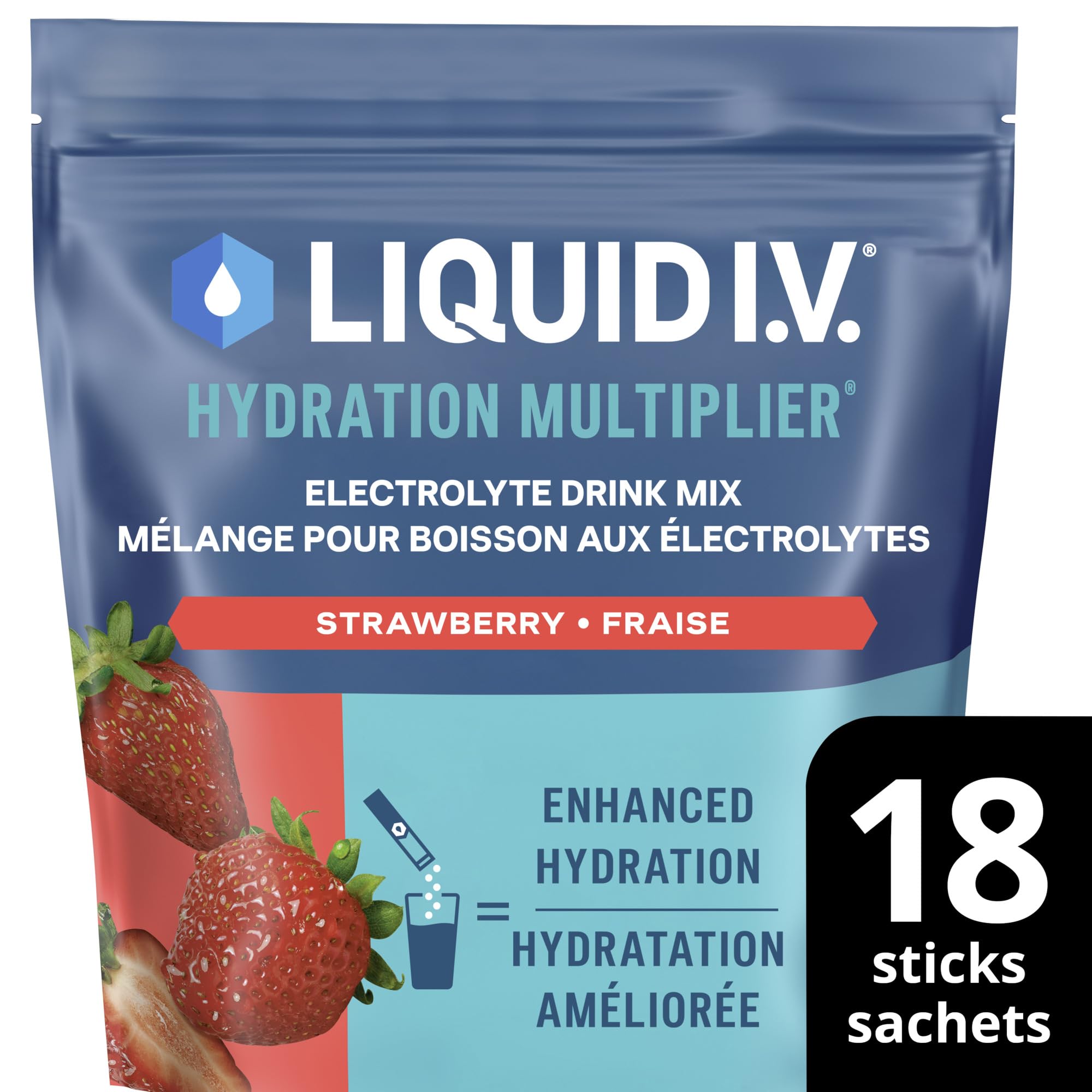 Liquid I.V. Hydration Multiplier Electrolyte Drink Mix - Enhanced Hydration Electrolyte Powder with Vitamins B3, B5, B6, B12 and C -18x On-the-go Sticks for Workout and Travel - Strawberry 🍁 All In One Marketplace Canada