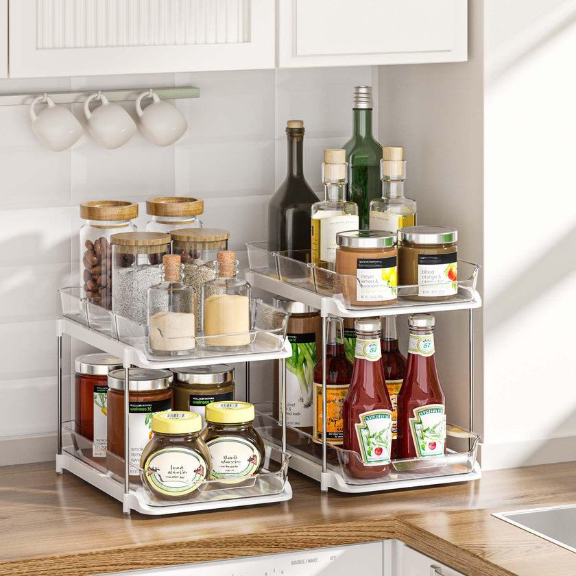 Delamu 2-Tier Multi-Purpose Bathroom Under Sink Organizers and Storage, Stackable Kitchen Pantry Organization, Pull Out Medicine Cabinet Organizer with Movable Dividers, White, 2 Pack 🍁 All In One Marketplace Canada