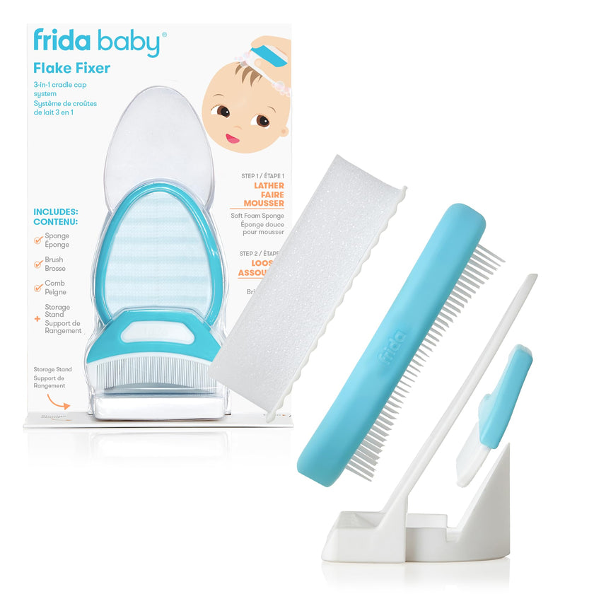 Frida Baby The 3-Step Cradle Cap System Kit & Cradle Cap Treatment, DermaFrida The FlakeFixer, Sponge, Brush, Comb and Storage Stand for Babies with Cradle Cap, White-Blue 🍁 All In One Marketplace Canada