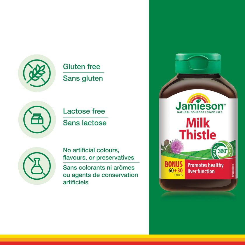 Jamieson Milk Thistle 150 mg, Supports Liver Function, Helps Relieve Digestive Disturbances. Non-GMO, Gluten-Free, 90 Vegetarian Caplets, Proudly Canadian 🍁 All In One Marketplace Canada