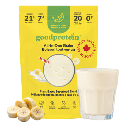 Good Protein Vegan Plant-based Protein Powder 100% Natural, Non-GMO, Dairy-free, Gluten-free, Soy-free, No Added Sugar and Nothing Artificial. Bananas & Cream All-in-One Shake 440 grams 🍁 All In One Marketplace Canada