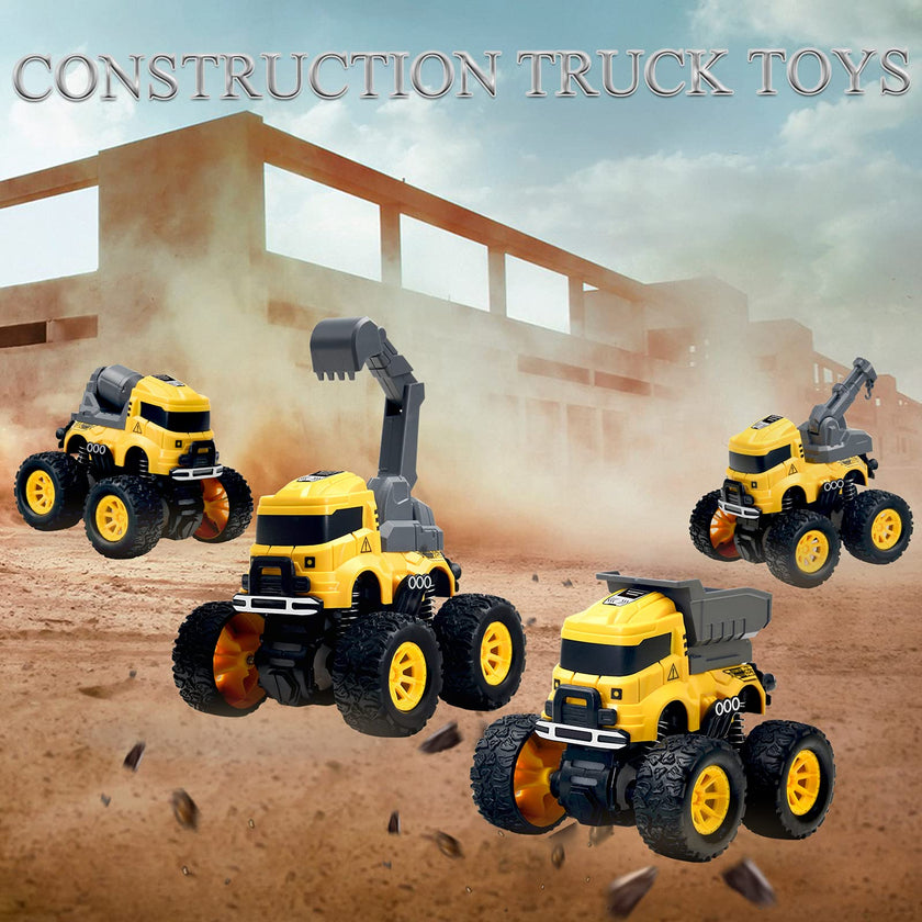Construction Monster Truck Toys - 4pcs Excavator, Mixer, Crane, Dump Trucks Toy | Push and Go Friction Powered Cars Stunt Vehicles Playset | Kids Birthday Party Favors Gifts for 3+ Year Old Boys Girls 🍁 All In One Marketplace Canada