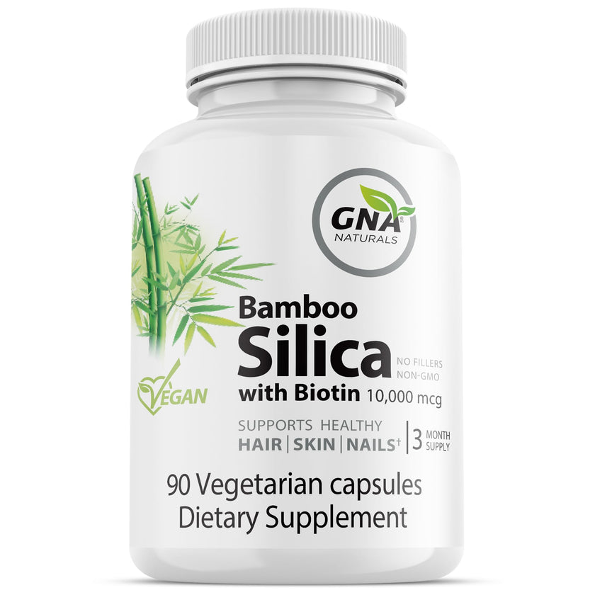 GNA Naturals - Bamboo Silica with Biotin 10,000mcg, 90 v-caps - A Supplement for Radiant Hair, Skin and Nails - Silica Supplement for Hair, Nail, Joint Care and Skin Vitality - Made in Canada 🍁 All In One Marketplace Canada
