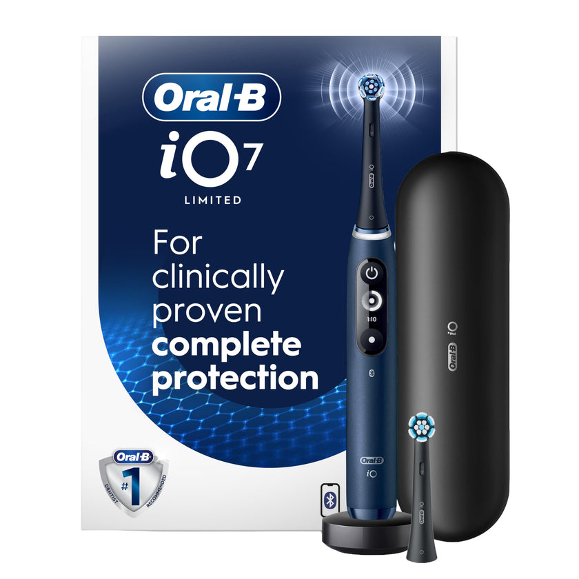Oral-B iO Electric Toothbrush, Deep Clean + Protect, Rechargeable, Sapphire Blue with Visible Pressure Sensor, 5 Cleaning Settings, 2 Min Timer, a iO Series 7 Toothbrush, 2 Replacement Brush Heads, and Charging Travel Case 🍁 All In One Marketplace Canada