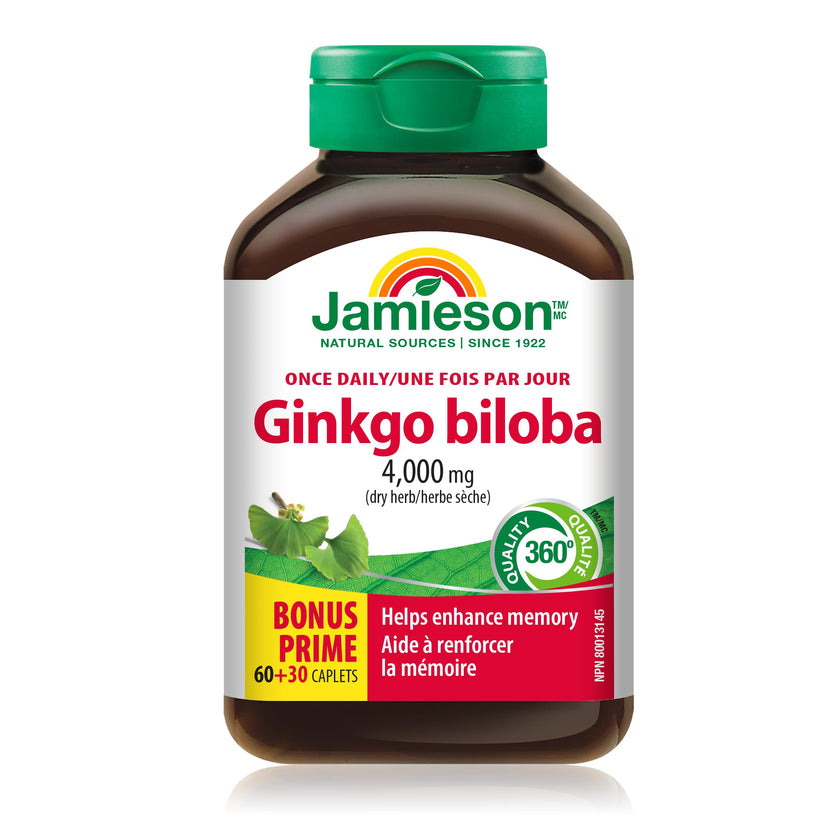 Jamieson Ginko Biloba 4,000 mg, Helps Enhance Cognitive Function, Improve Memory, and Supports Peripheral Circulation. Vegetarian, Gluten-Free, 90 Count 🍁 All In One Marketplace Canada