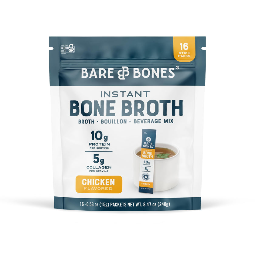 Bare Bones Bone Broth Instant Powdered Beverage Mix, Chicken CANADIAN, Pack of 16, 15g Sticks, 10g Protein, Keto & Paleo Friendly 🍁 All In One Marketplace Canada