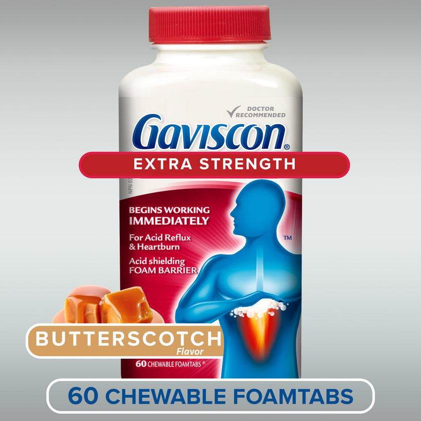 Gaviscon Extra Strength Tablets - 60 Count - Chewable Foaming Antacid Tablets for Day and Night Heartburn Relief, Acid Reflux and GERD relief, Butterscotch - Free of Aluminum, Lactose and Gluten 🍁 All In One Marketplace Canada