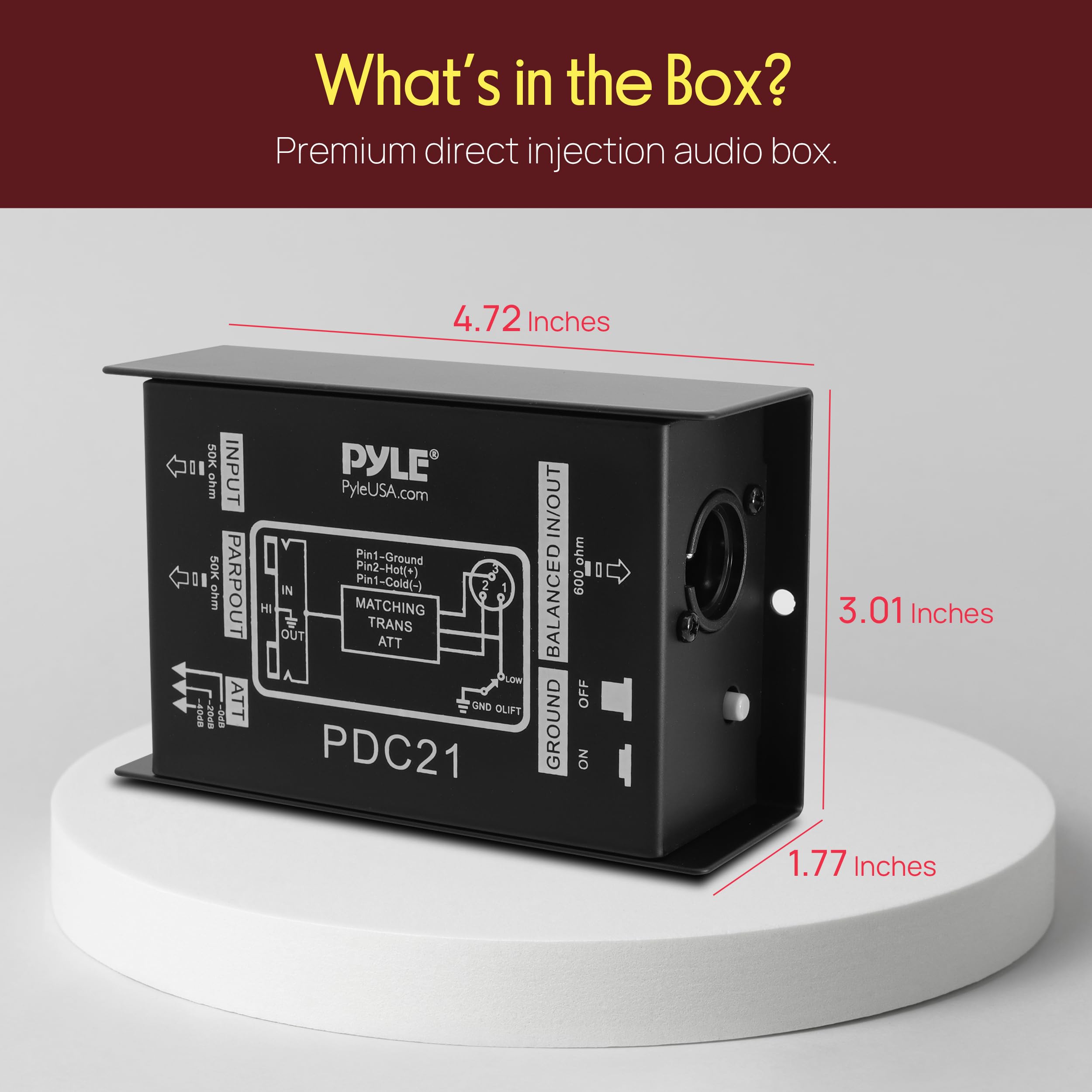 Premium Direct Injection Audio Box - Passive DI Unit Hum Eliminator w/ Input Attenuator to Connect Guitar & Bass, 1/4'' Impedance Transformer Connector to Balanced & Unbalanced XLR, Black - Pyle PDC21 🍁 All In One Marketplace Canada