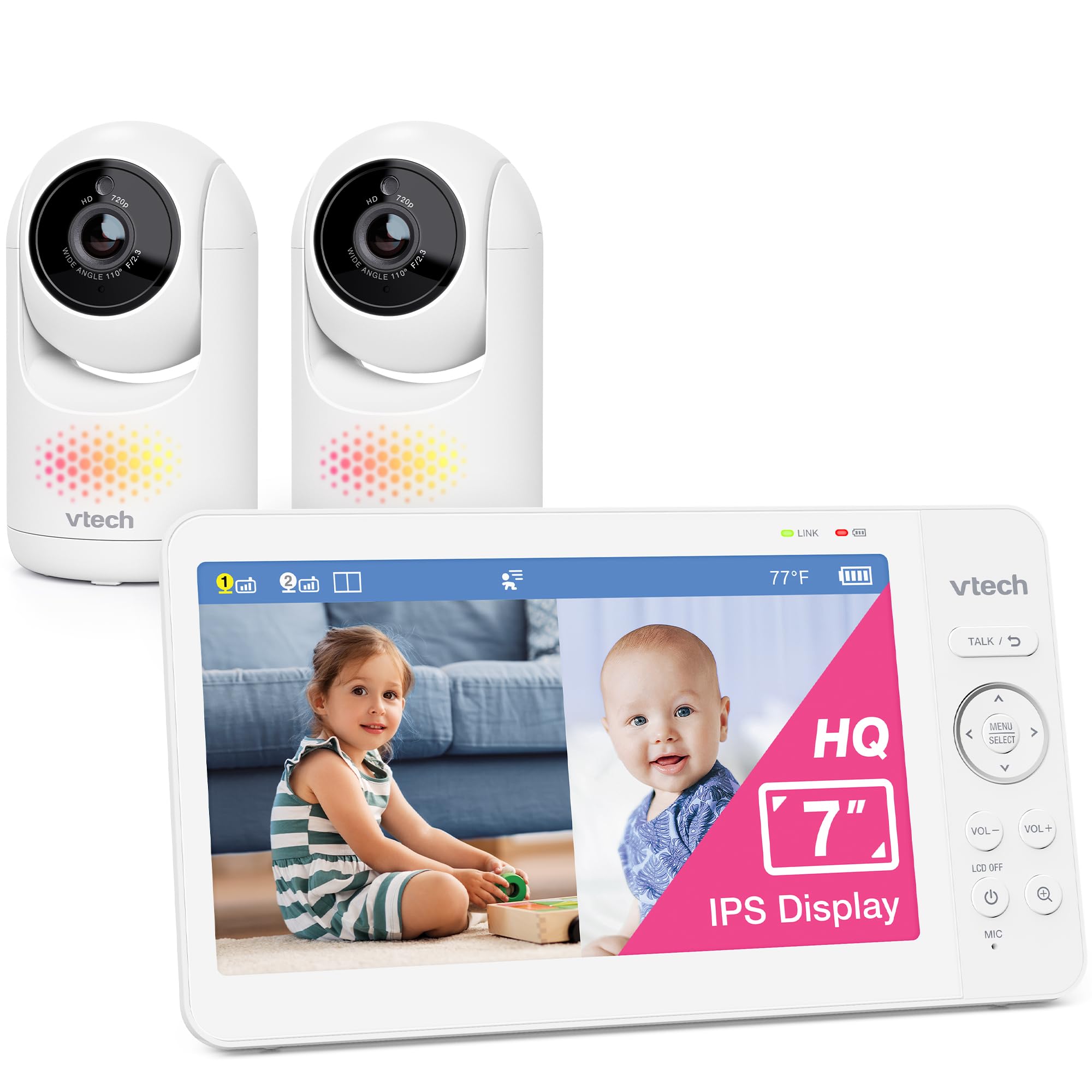 VTech Advanced HQ Max Twin 2 Camera 7” Digital Video Baby Monitor with Pan-Tilt-Zoom, Night Light, Long Range, 2-Way Talk, Display, and Lullabies, No WiFi, White 🍁 All In One Marketplace Canada