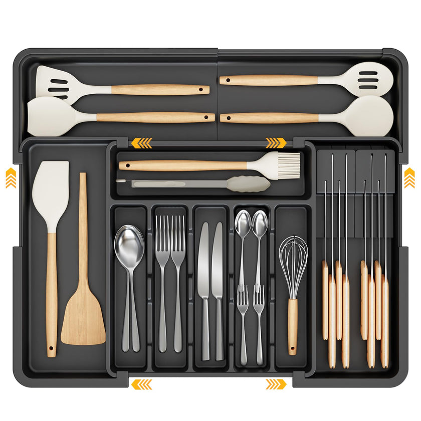 Ceecysaa Cutlery Organizer with 2 Removable Knife Blocks, Expandable Utensil Tray,Adjustable Cutlery Tray Drawer Organizer for Spoons, Knives, Kitchen Organizers and Storage,ABS,Black(6-9 Slots) 🍁 All In One Marketplace Canada