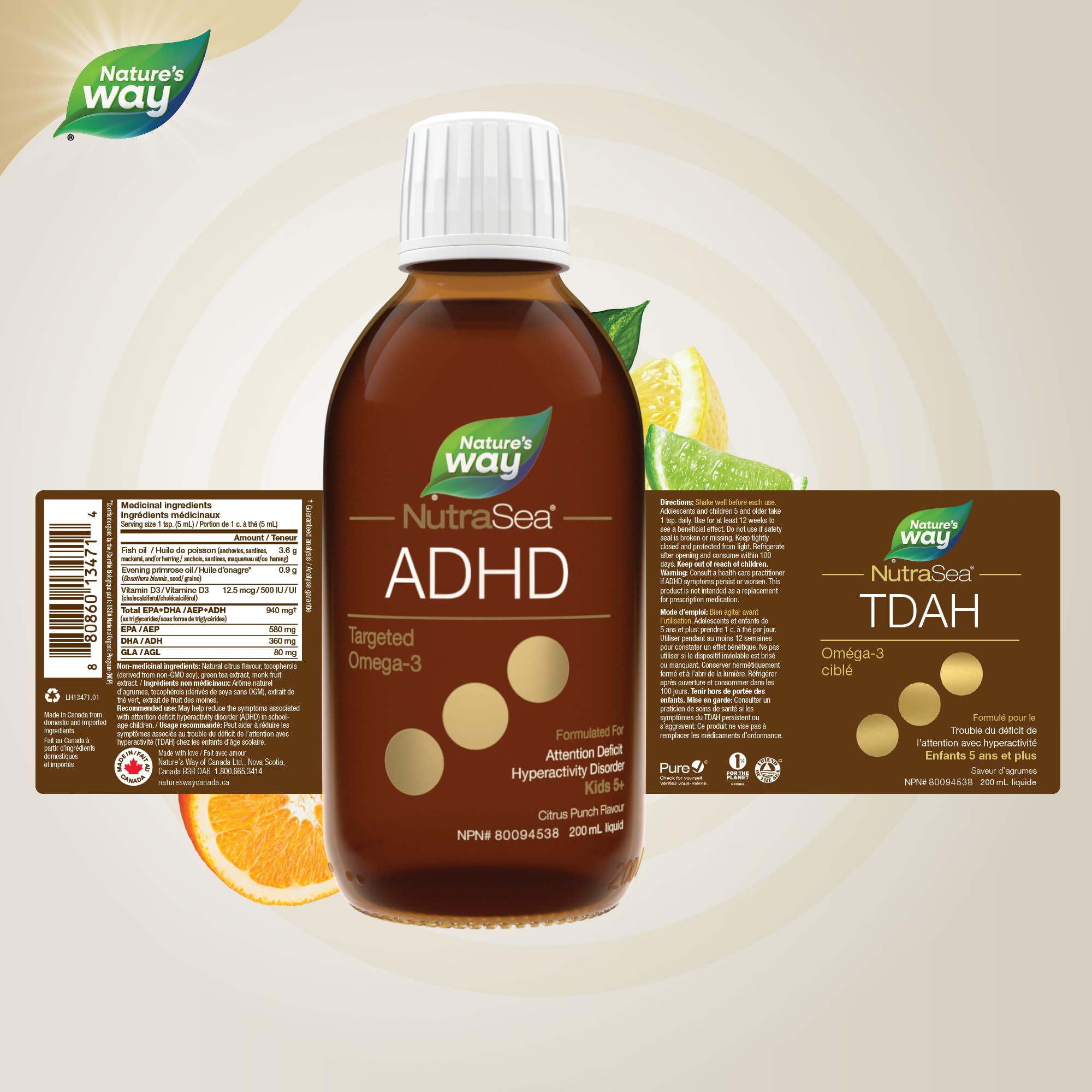 Nature's Way NutraSea ADHD Targeted Omega-3, For kids age 5+, 940 mg of EPA + DHA, 80 mg of GLA, 500 IU Vitamin D3, 200 ml Liquid 🍁 All In One Marketplace Canada