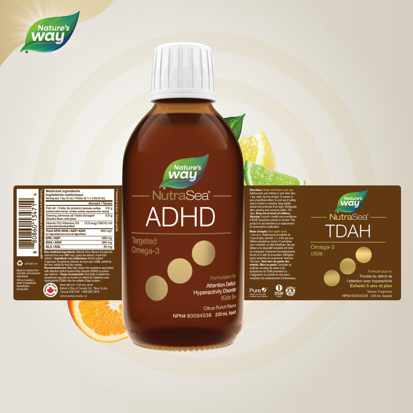 Nature's Way NutraSea ADHD Targeted Omega-3, For kids age 5+, 940 mg of EPA + DHA, 80 mg of GLA, 500 IU Vitamin D3, 200 ml Liquid 🍁 All In One Marketplace Canada