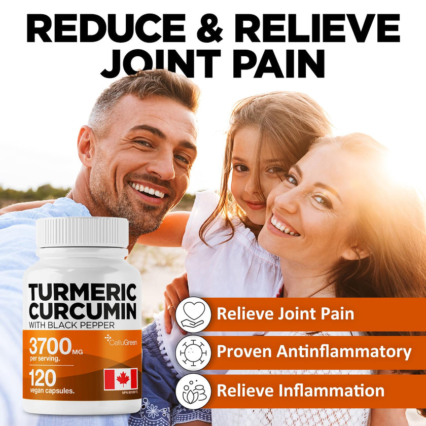 CelluGreen Turmeric Curcumin 3,700mg with Black Pepper Extract — 95% Curcuminoids for Joint Pain Relief & Anti-Inflammatory Support | Curcuma Longa | Non-GMO, Gluten-Free, Made in Canada | 120 Capsules 🍁 All In One Marketplace Canada