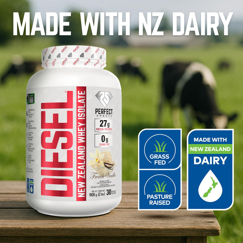 PERFECT SPORTS Diesel New Zealand Whey Isolate Protein Powder | 27g Grass Fed Protein, Zero Carbs & Fat | Keto Friendly, Naturally Flavoured, Gluten Free | 2LB (French Vanilla) 🍁 All In One Marketplace Canada