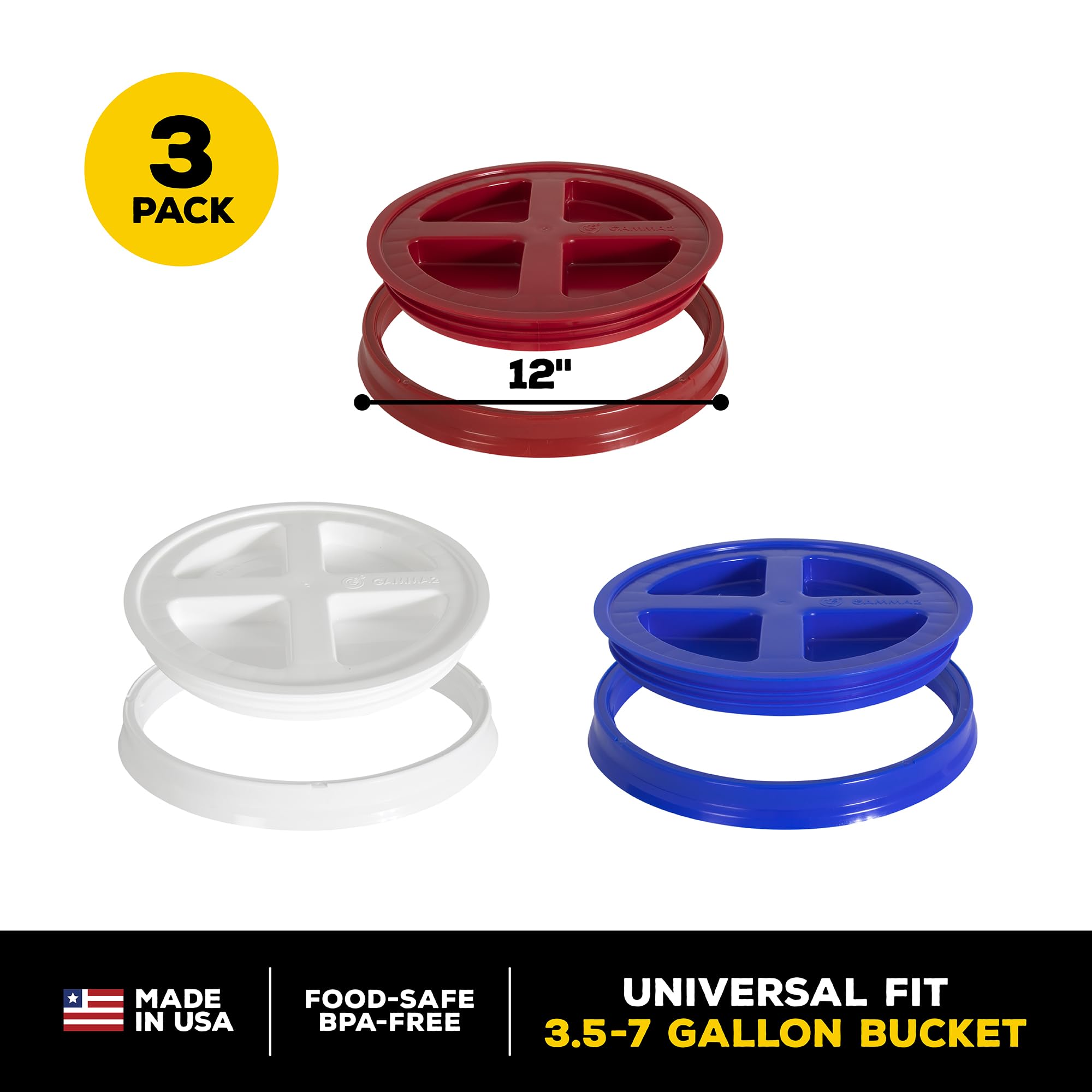 Gamma2 Gamma Seal Lid 3pk Combo for Utility Buckets - Fits 3.5, 5, 6 & 7 gallon buckets, Red, White & Blue, Made in USA 🍁 All In One Marketplace Canada
