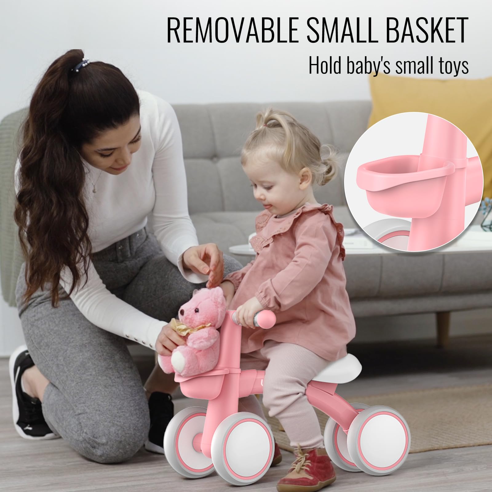 Umatoll Baby Balance Bike Toys for 1 Year Old Girls Gifts, Adjustable Seat Baby Walker, First Birthday Gifts, 12-24 Months Toddler Ride on Toys with Removable Basket, Pink 🍁 All In One Marketplace Canada