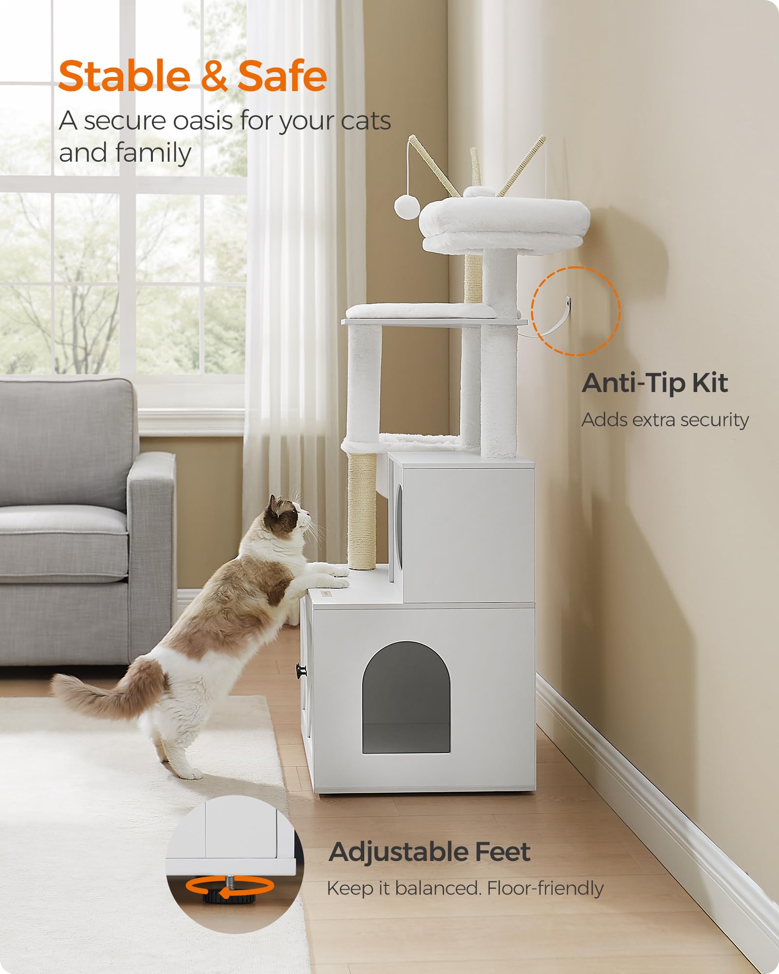 Feandrea WoodyWonders Cat Tree with Litter Box Furniture Hidden Enclosure, 2-in-1 Modern Tower, Cat Condo with Scratching Posts, Removable Pompom Sticks, Cloud White UPCT113W01 🍁 All In One Marketplace Canada