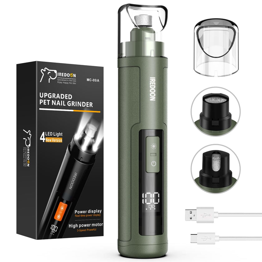 IREDOON Dog Nail Grinder Upgraded - Professional 3-Speed Super Quiet and Low Vibration Electric Pet Nail Grinder with 4 LED Lights - Painless Paws Grooming & Smoothing for Small to Large Dogs (Green) 🍁 All In One Marketplace Canada