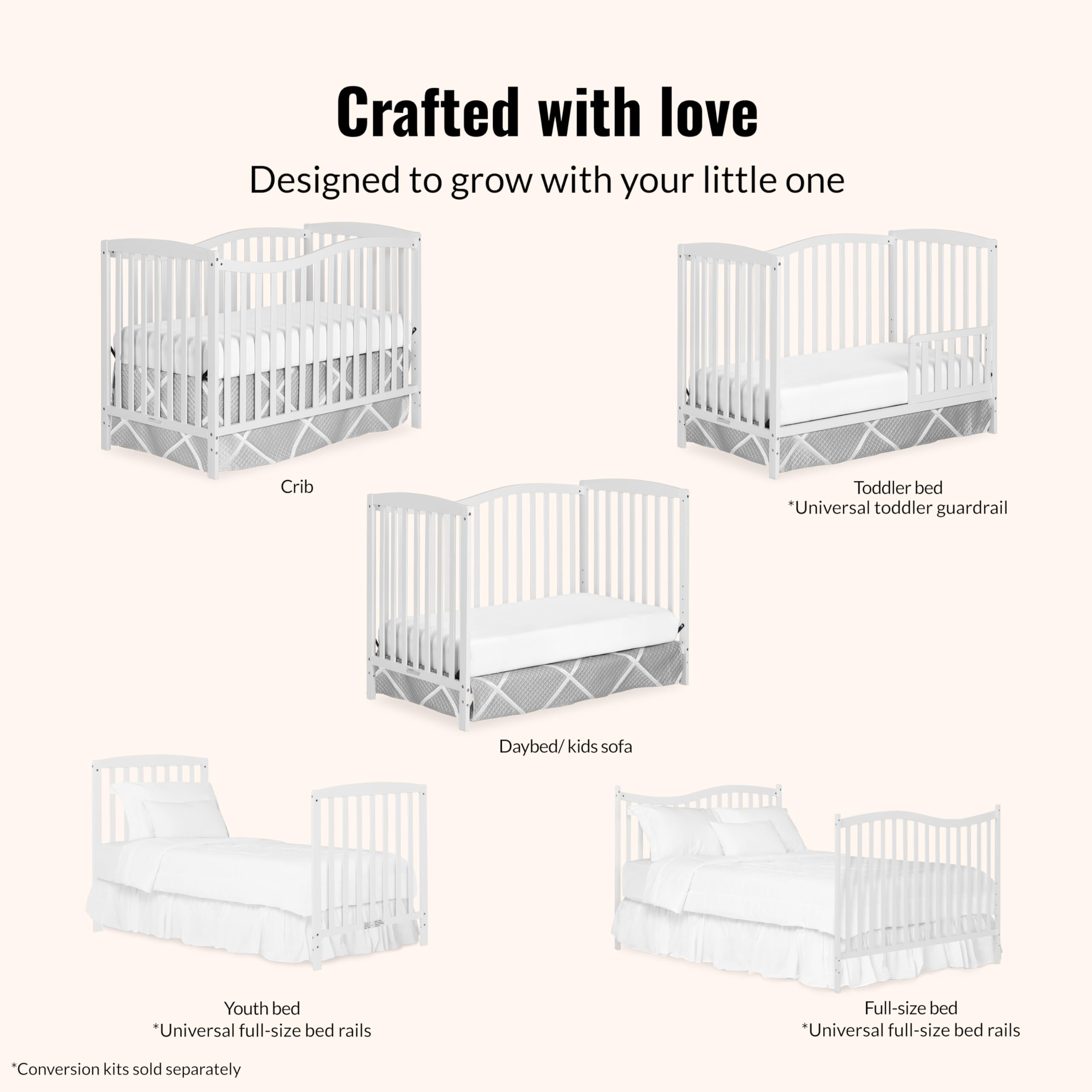 Dream On Me Chelsea 5-In-1 Convertible Crib In White, 4 Mattress Height Positions, Non Toxic Finish, JPMA Certified, Made Of Sustainable And Sturdy Pinewood 🍁 All In One Marketplace Canada