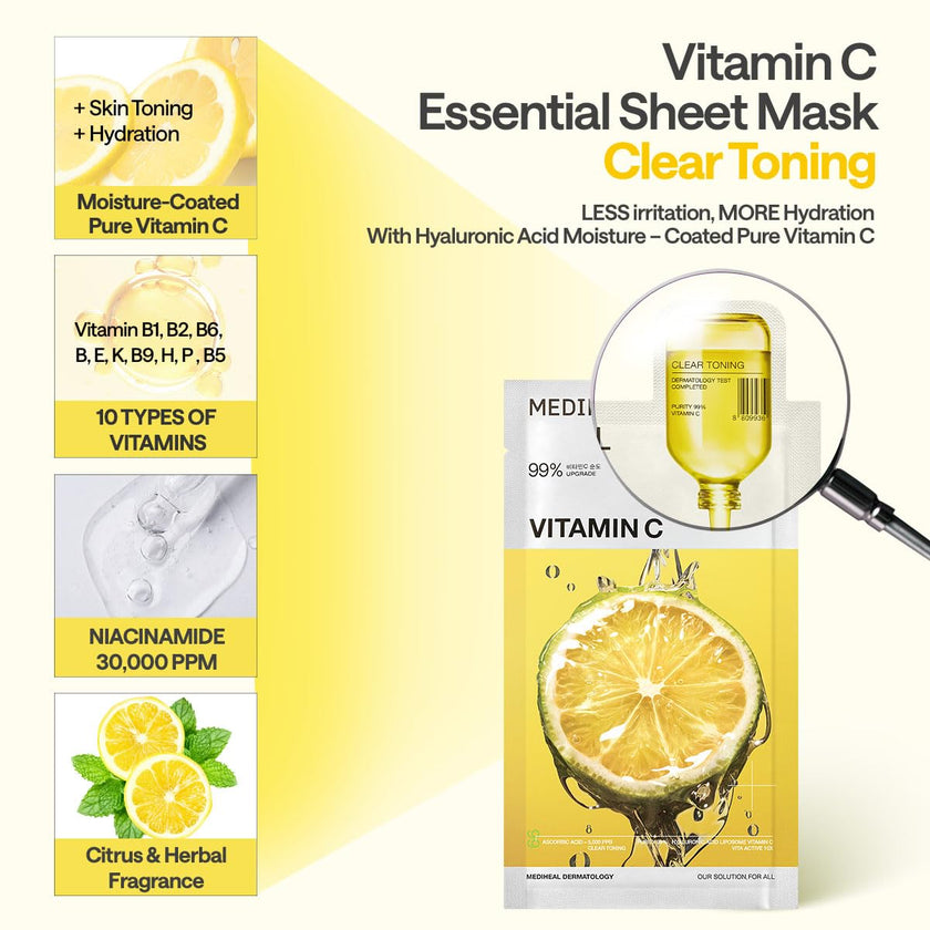 MEDIHEAL Vitamin C Essential Face Mask - Brightening & Hydrating Facial Mask for Blemish & Uneven Skin Tone, Clear Toning with Niacinamide, Vegan, Korean Skincare for Women (10 Sheets) 🍁 All In One Marketplace Canada
