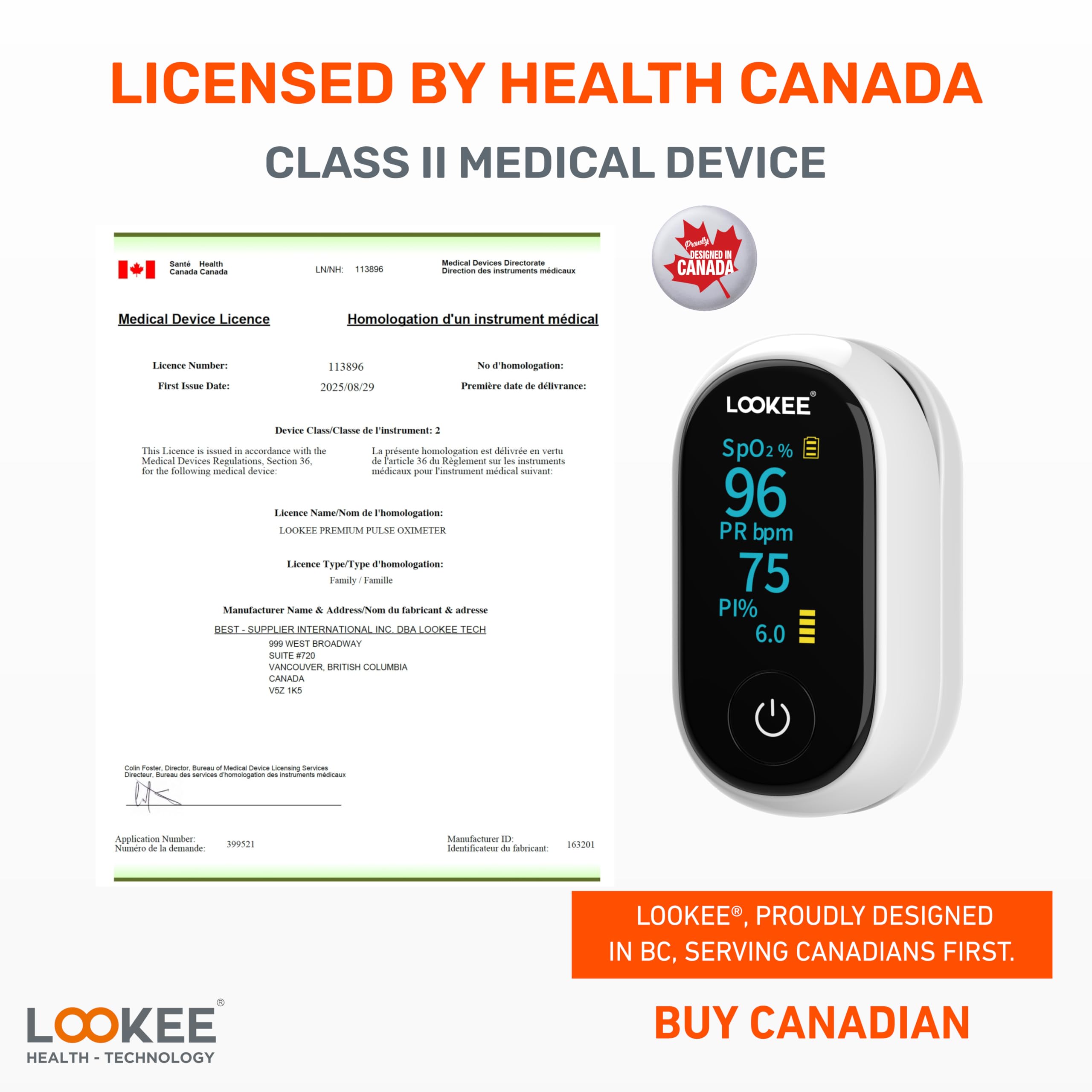 LOOKEE A320 Premium Pulse Oximeter Finger Heart Rate Oxygen Monitor | Proudly Canadian | SpO2 Blood Oxygen Level | Medical Accuracy, Alarm & PI | OLED Display | Batteries & Lanyard 🍁 All In One Marketplace Canada