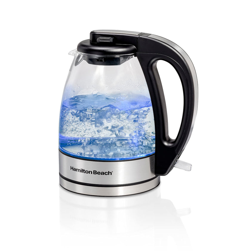 Hamilton Beach Glass Electric Kettle, 1 L, 1500W Fast Boiling Water Boiler, Cordless, Soft Blue LED Light, Auto Shutoff & Boil-Dry Protection, BPA-Free, Compact Size (40930JC) 🍁 All In One Marketplace Canada