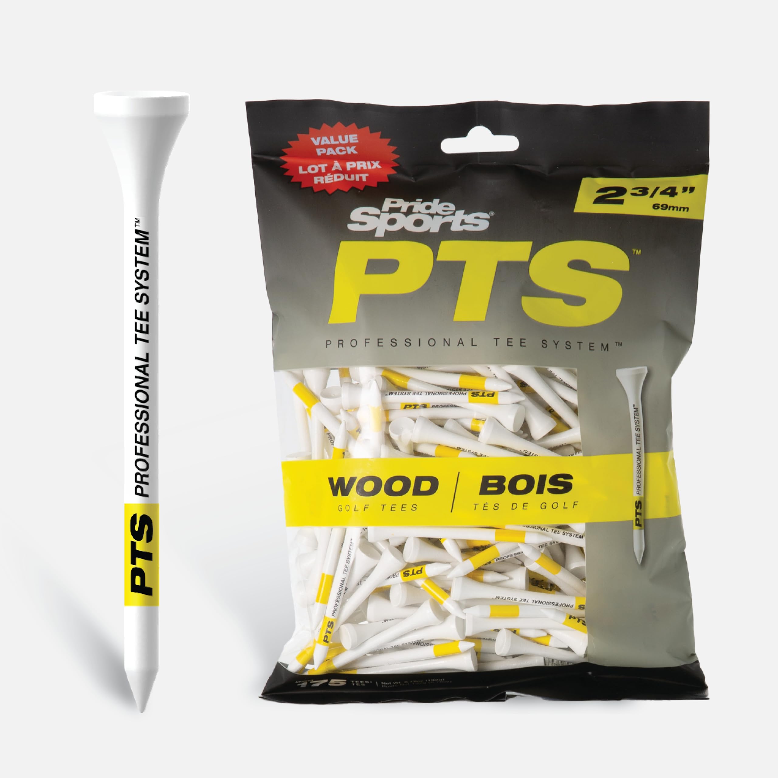 Pride Professional Tee System PT2417575 175 Count, Yellow on White, ProLength Plus Tee (3-1/4