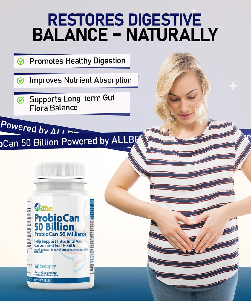 Allbe Probiotics for Men & Womens - 50 Billion CFU with 11 Strains, Lactobacillus, Acidophilus and L. Gasseri - Support Gut Health, Digestion, Weight Management and Bloating Relief - 60 Vegan Capsules, 1 Per Day 🍁 All In One Marketplace Canada