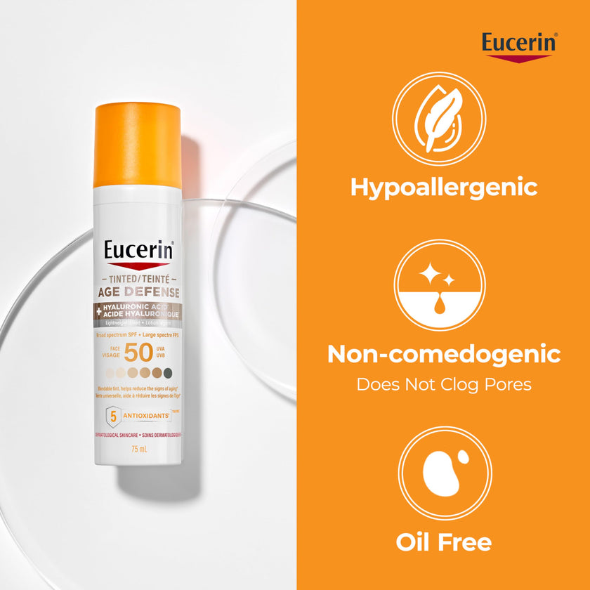 Eucerin Tinted Age Defense SPF 50 Face Sunscreen, Daily Face Sunscreen SPF 50 With Hyaluronic Acid and Antioxidants, Body SPF 50 Lotion with UVA-UVB Sun Protection, Fragrance Free & Non Greasy, 50 ml 🍁 All In One Marketplace Canada