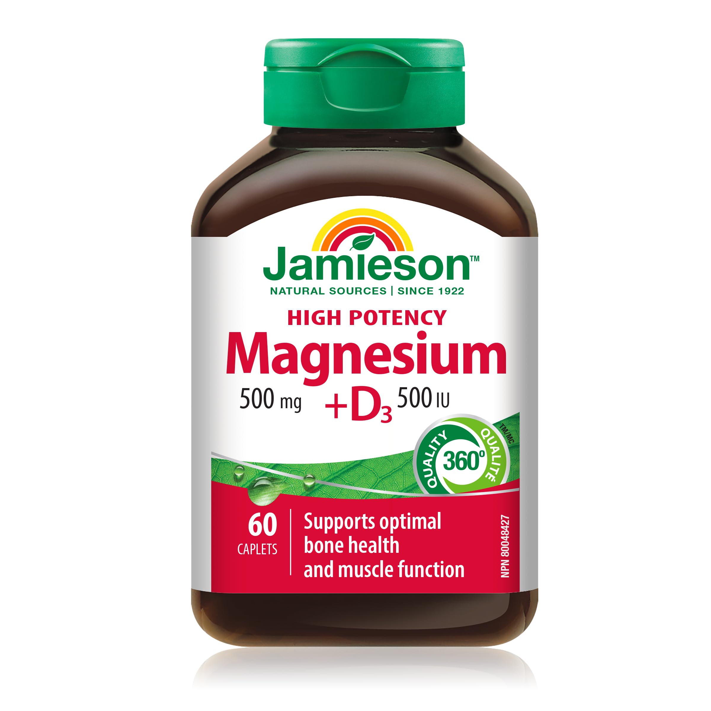 Jamieson High Potency Magnesium 500 mg with Vitamin D3 500 IU, High Absorption, 5 Magnesium Sources, Supports Bone Health and Muscle Function. Vegetarian, Non-GMO, Gluten-Free, 60 Caplets, Proudly Canadian 🍁 All In One Marketplace Canada