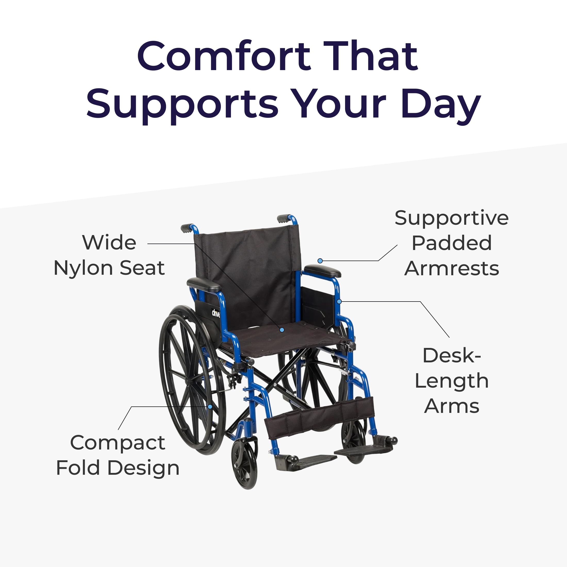 Drive Medical Single Axle Blue Streak Wheelchair, Flip Back Desk Arm, Swing Away Footrests, 18