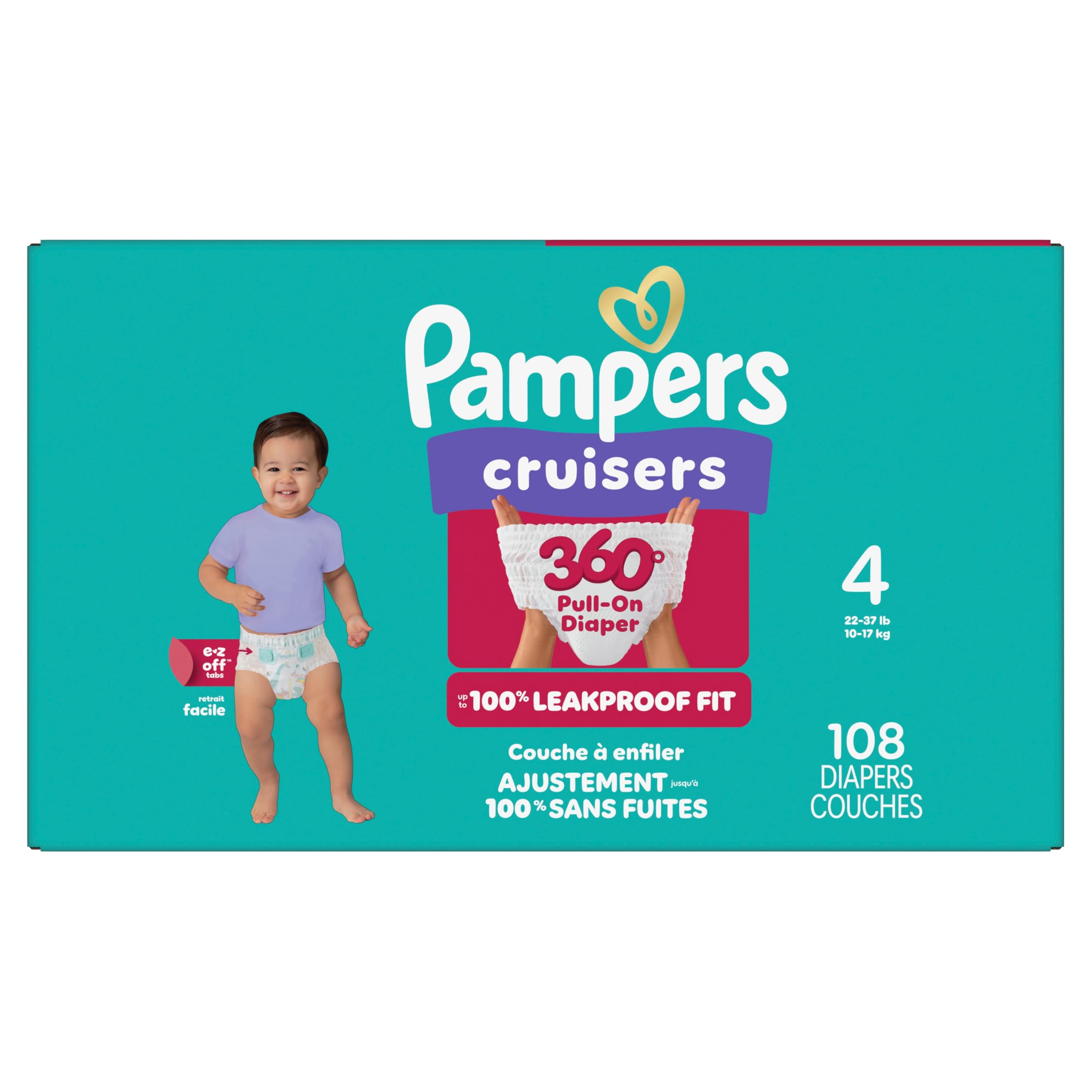 Pampers Diapers - Cruisers 360° - Size 4, up to 100% Leakproof Fit, Designed for Active Babies, Pull On Diaper, EZ Off Tabs Designed for Easy Changes, 1 Pack (Count of 108) 🍁 All In One Marketplace Canada