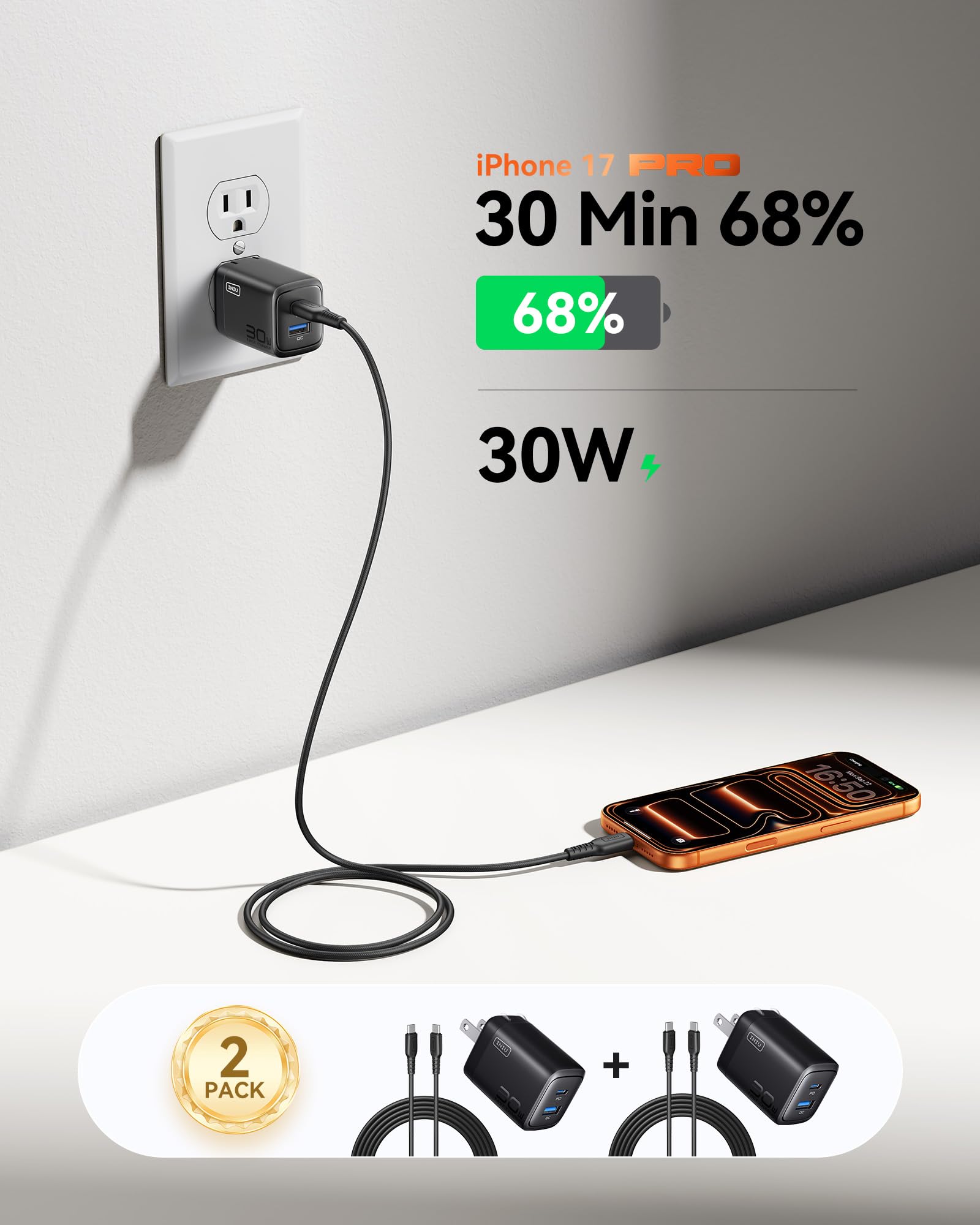 INIU for iPhone 17 16 Charger, 30W GaN Tech USB C Charger Fast Charging, 2-Pack Foldable USB C Charging Block with Cable for iPhone 17 16 Pro Max, MacBook Air 13 M4, Samsung S25 S24, iPad 11 Air 🍁 All In One Marketplace Canada