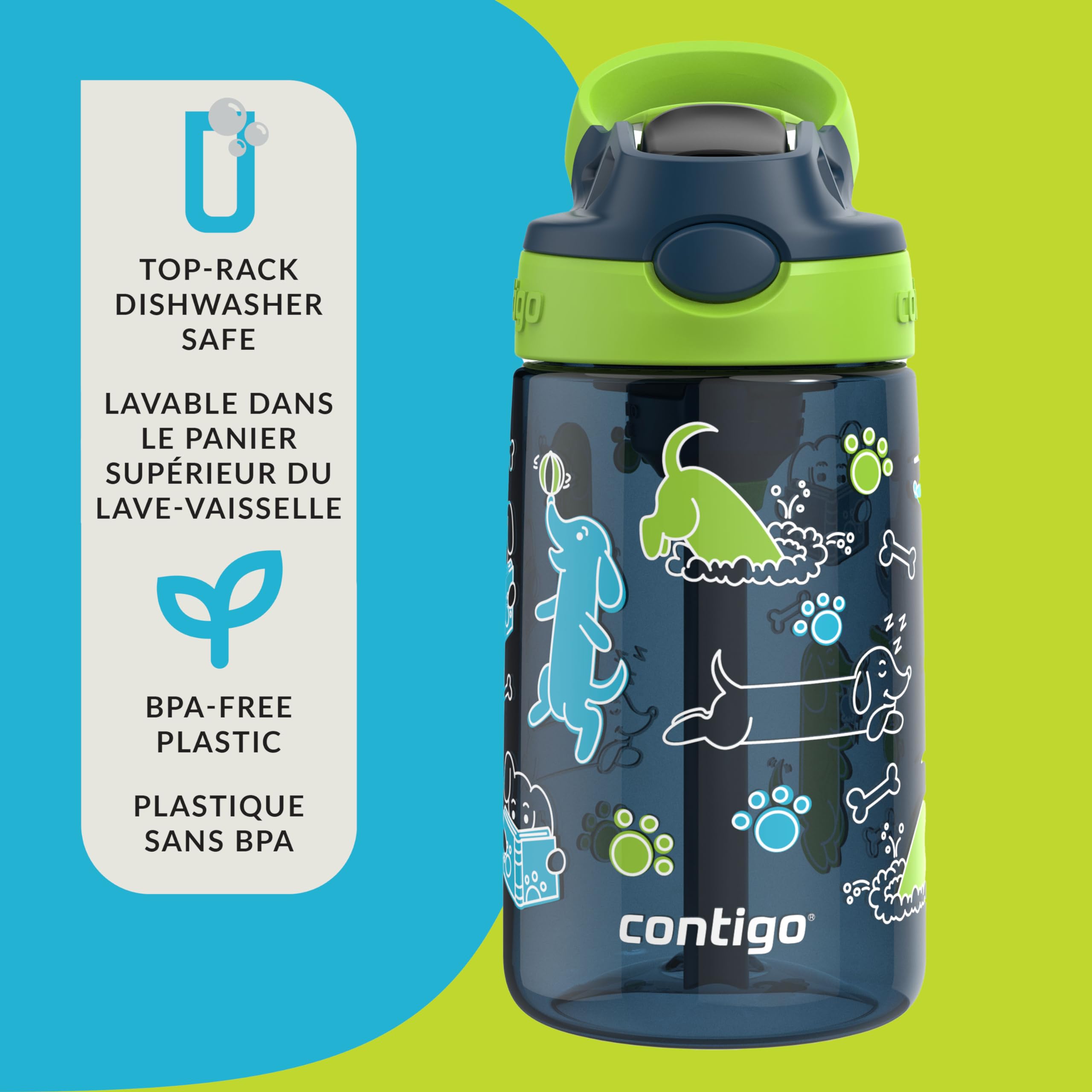 Contigo Kids Aubrey Straw Water Bottle with Leak-Proof Lid, BPA-Free Plastic, Dishwasher Safe, Lime with Dogs, 14 oz (414 mL) 🍁 All In One Marketplace Canada
