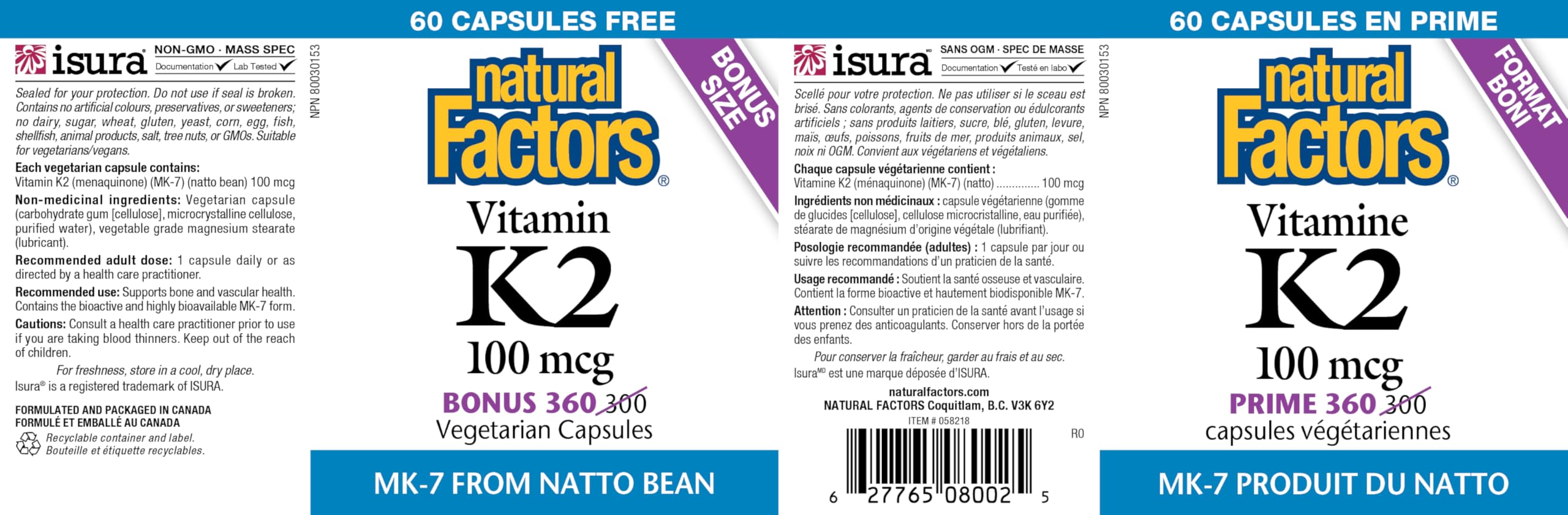 Natural Factors K2 Vitamin Supplement 100 mcg, VALUE SIZE, 360 Vegetarian Capsules, MK-7 from Natto Bean, Helps Support Bones, Vegan, Non-GMO, Proudly Canadian 🍁 All In One Marketplace Canada