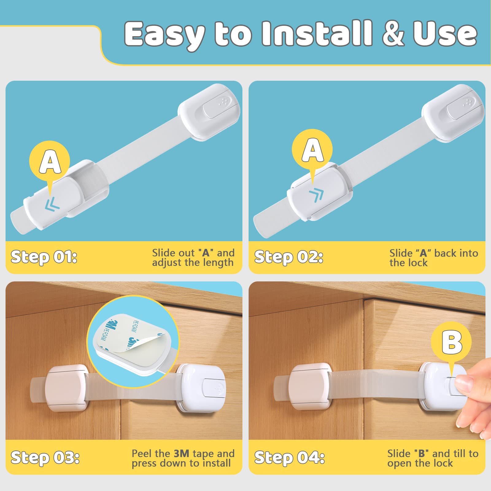 4our Kiddies 14 Pack Baby Proof Cabinet Latches, Childproof Drawer Latches with 12 Extra 3M Adhesives, Adjustable No Drilling Child Safety Cabinet Strap Locks, Baby Drawer Locks for Kids Baby Safety 🍁 All In One Marketplace Canada