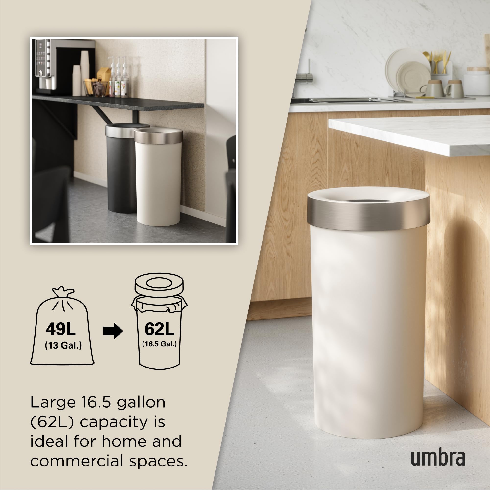 Umbra Vento Kitchen Trash Can – Large 16 Gal (62 L) Open Top Garbage Can for Home & Office – Modern Clean Design, Sand/Nickel 🍁 All In One Marketplace Canada