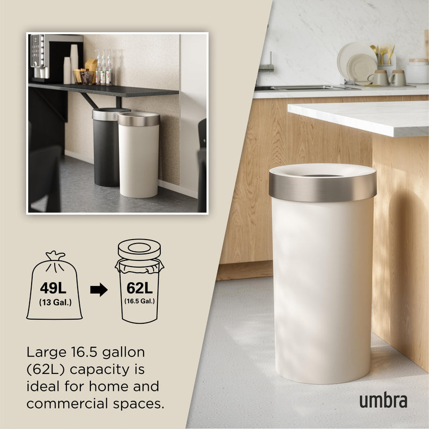 Umbra Vento Kitchen Trash Can – Large 16 Gal (62 L) Open Top Garbage Can for Home & Office – Modern Clean Design, Sand/Nickel 🍁 All In One Marketplace Canada