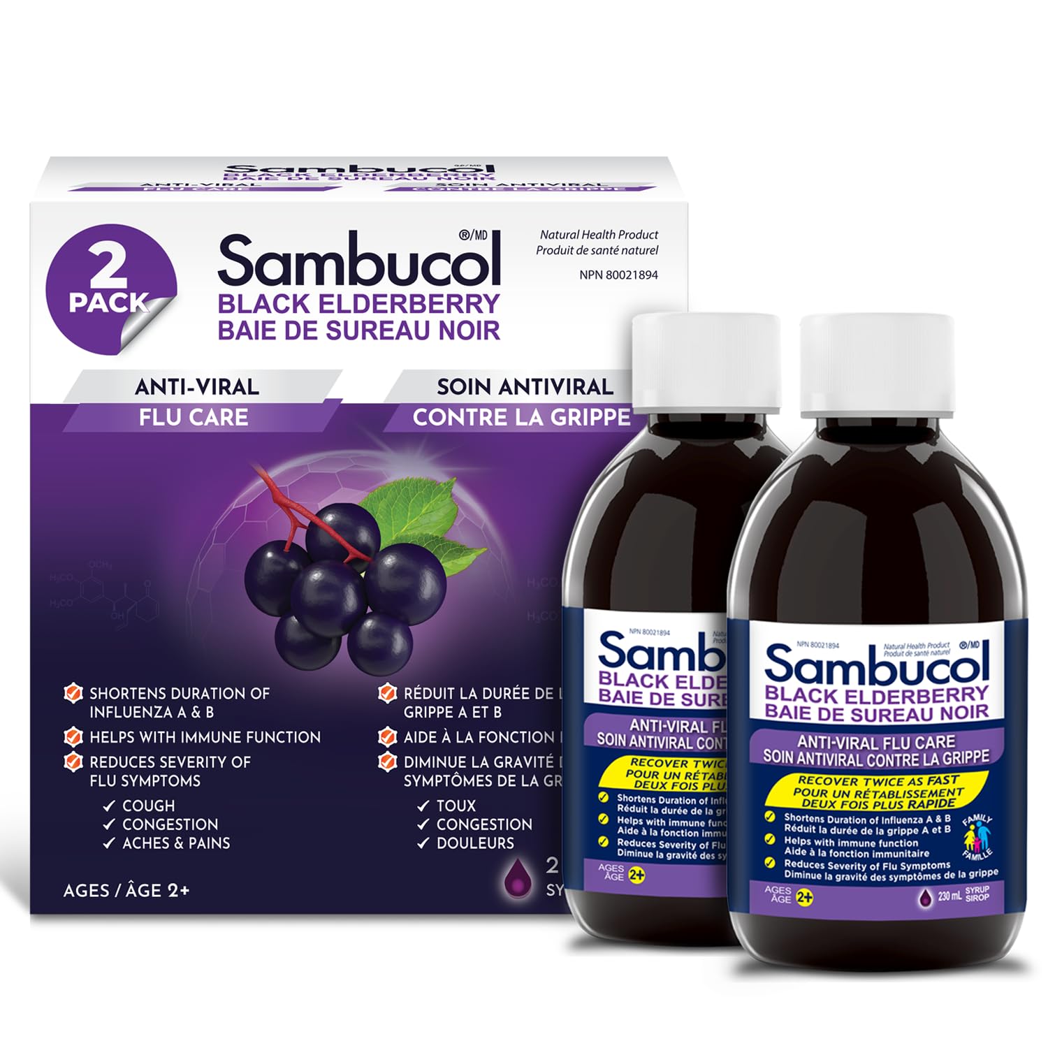 Sambucol Black Elderberry Anti-Viral Flu Care | Quickly Relieves Cold & Flu Symptoms | Immune Support & Antioxidant | Ideal for Families | Syrup, 230 mL | Pack of 2 🍁 All In One Marketplace Canada