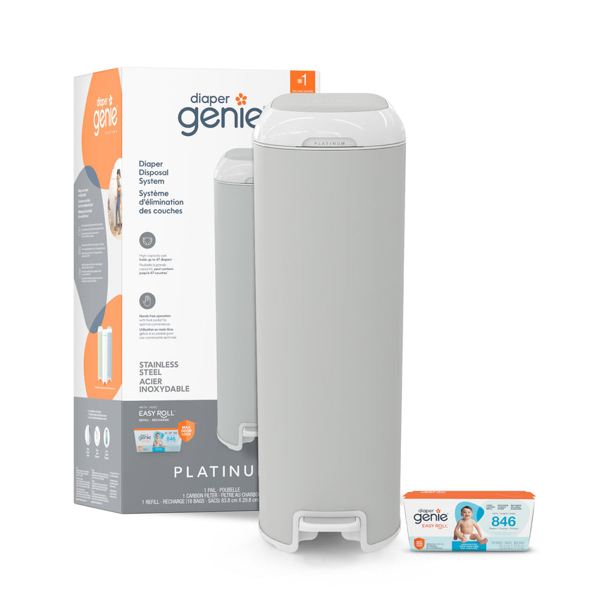 Diaper Genie Platinum Diaper Pail, Stone Grey - Made in Durable Stainless Steel and Includes 1 Easy Roll Refill with 18 Bags 🍁 All In One Marketplace Canada