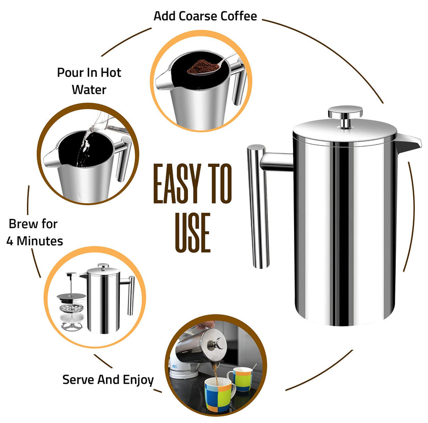 KICHLY 34 OZ French Press, Stainless Steel Double Walled Insulated Coffee Press with Refined Filters, Espresso and Tea Maker - Silver 🍁 All In One Marketplace Canada