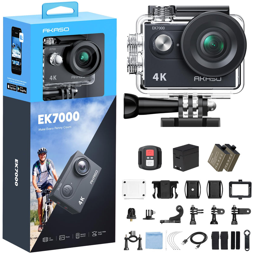 AKASO EK7000 4K30FPS 20MP WiFi Action Camera with EIS Ultra HD 131FT Waterproof Underwater Camera Remote Control 4X Zoom Support External Microphone Black 🍁 All In One Marketplace Canada