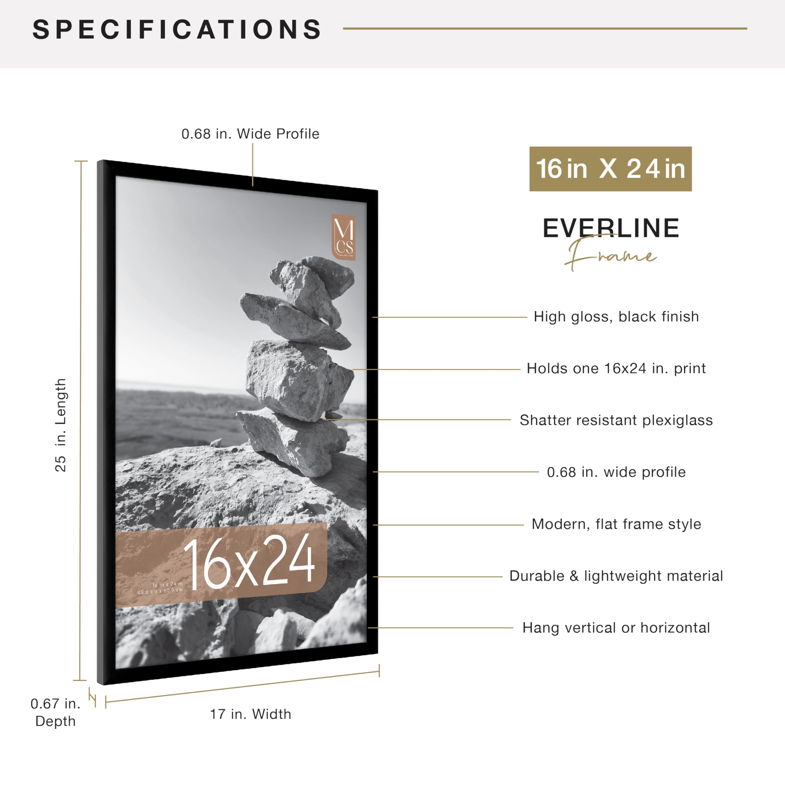 MCS Everline Collection 16x24 Poster Frame Black, Vertical & Horizontal Wall Hanging Large Picture Frame for Photos, Posters & Art Prints (1-Pack) 🍁 All In One Marketplace Canada