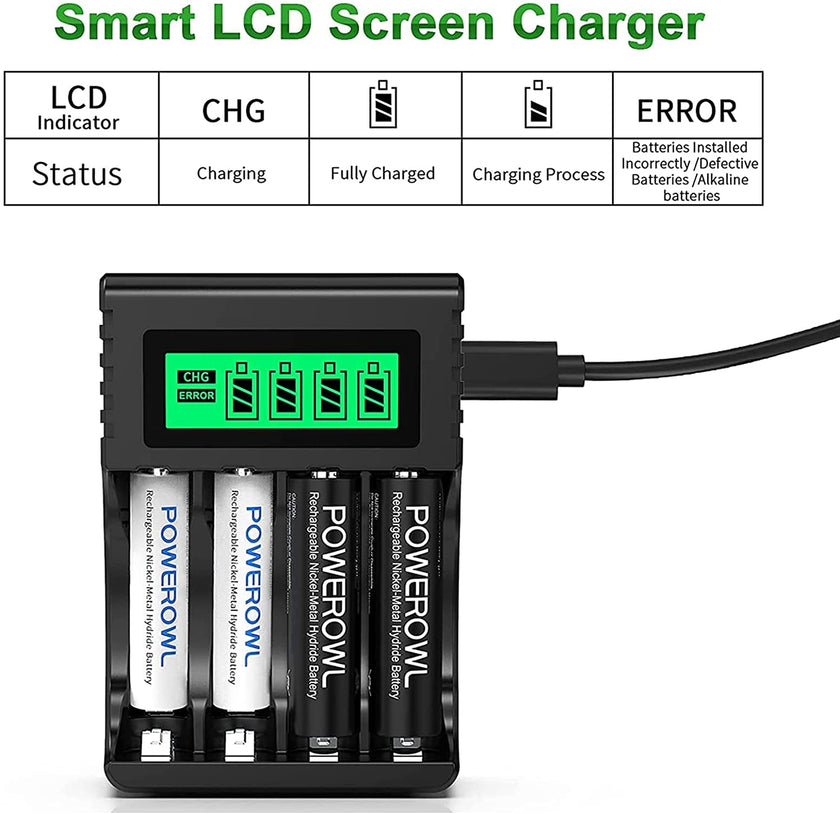 POWEROWL AA AAA Rechargeable Battery Charger, 4 Bay LCD Smart Battery Charger for Ni-MH AA AAA Rechargeable Batteries, Independent Slot & USB Fast Charging 🍁 All In One Marketplace Canada
