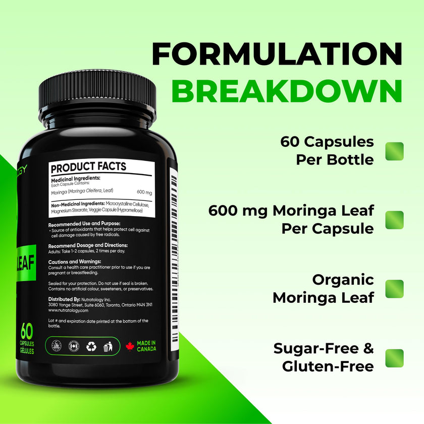 Nutratology® Organic Moringa Leaf Capsules | 1200MG Per Serving | Canadian-Made | Provides Powerful Antioxidants - Protects Against Cell Damage, Supports Liver Detox & Gut Health - 120 Caps 🍁 All In One Marketplace Canada