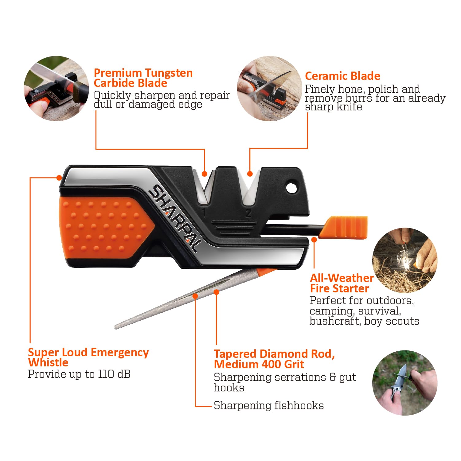 SHARPAL 101N 6-in-1 Pocket Knife Sharpener & Survival Tool, with Fire Starter, Whistle & Diamond Sharpening Rod, Quickly Repair, Restore and Hone Straight and Serrated Blade 🍁 All In One Marketplace Canada